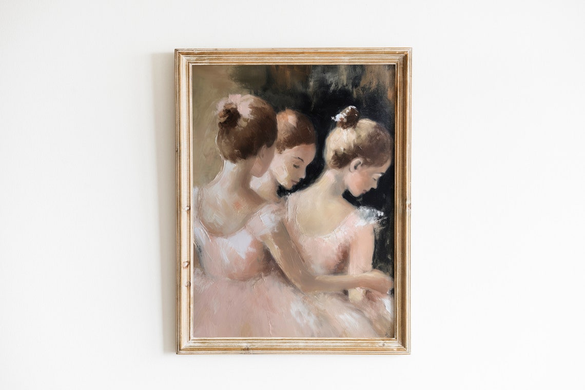Three Ballerinas Pink Tutus Vintage Oil Painting Nursery Art Poster - Image 2