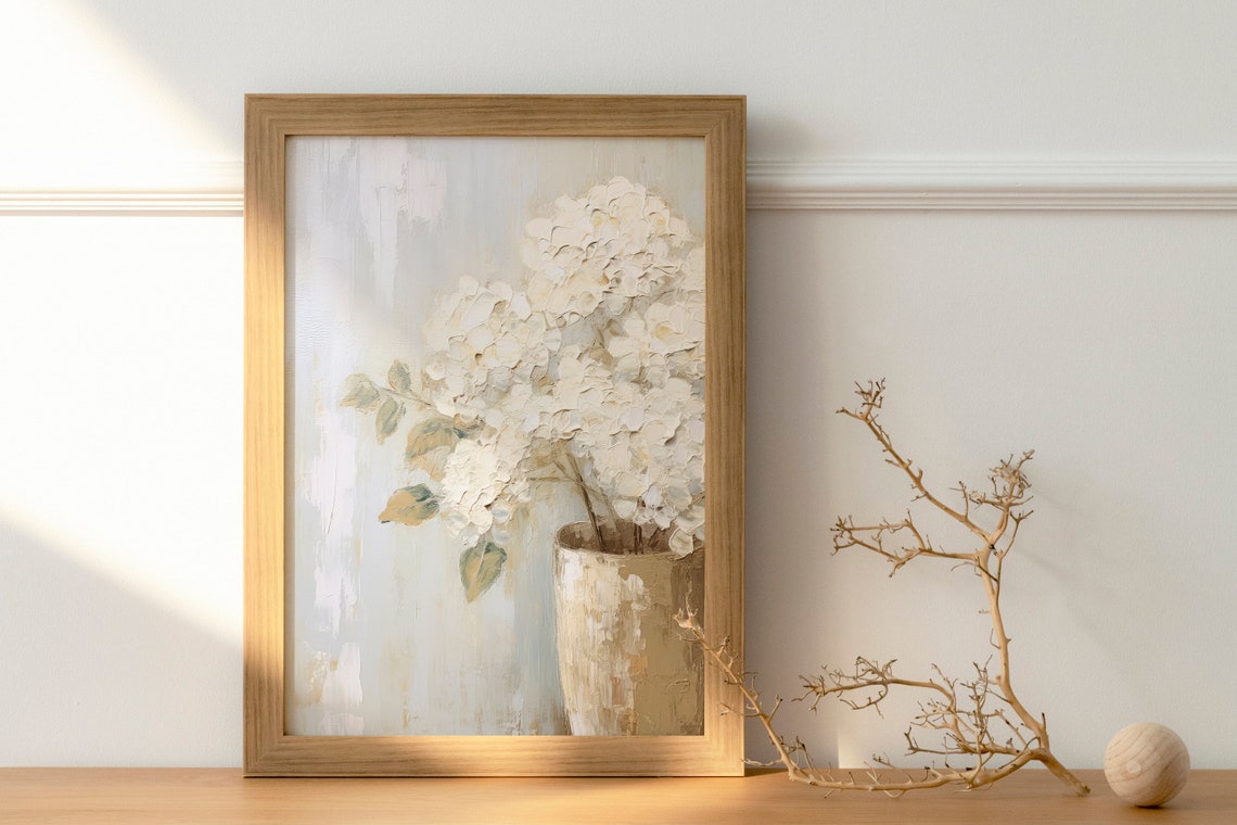 White Hydrangeas Vase Muted Vintage Floral Farmhouse Art Print - Image 3