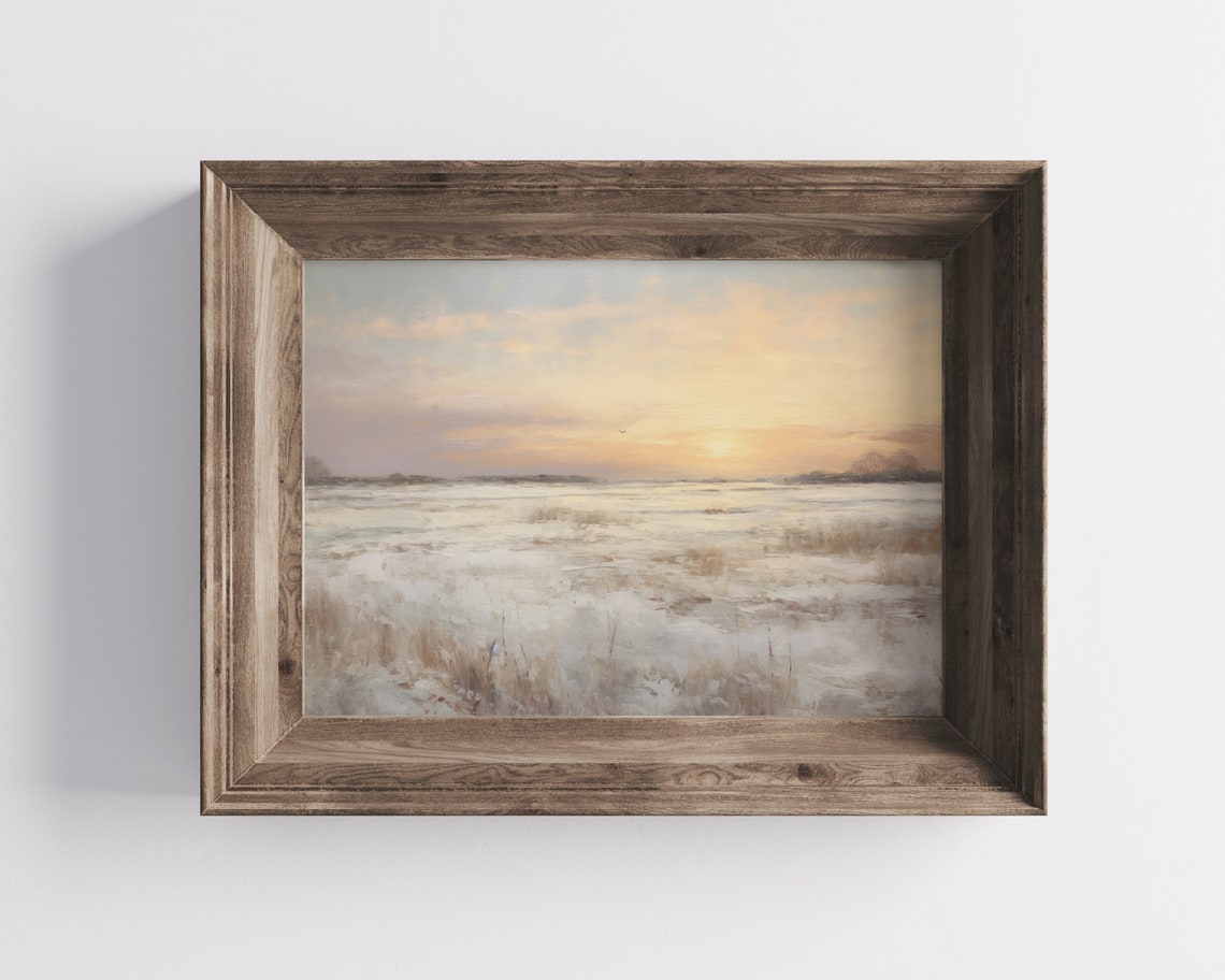 Snowy Sunset Golden Winter Field Vintage Landscape Oil Painting Poster - Image 3