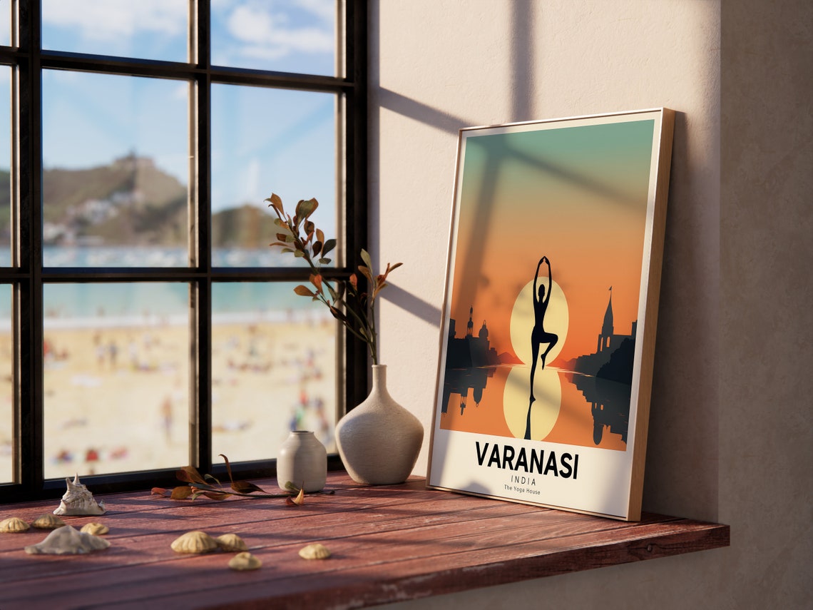Varanasi India Retro Yoga Retreat Travel Poster Golden Sunset Art - Image 2