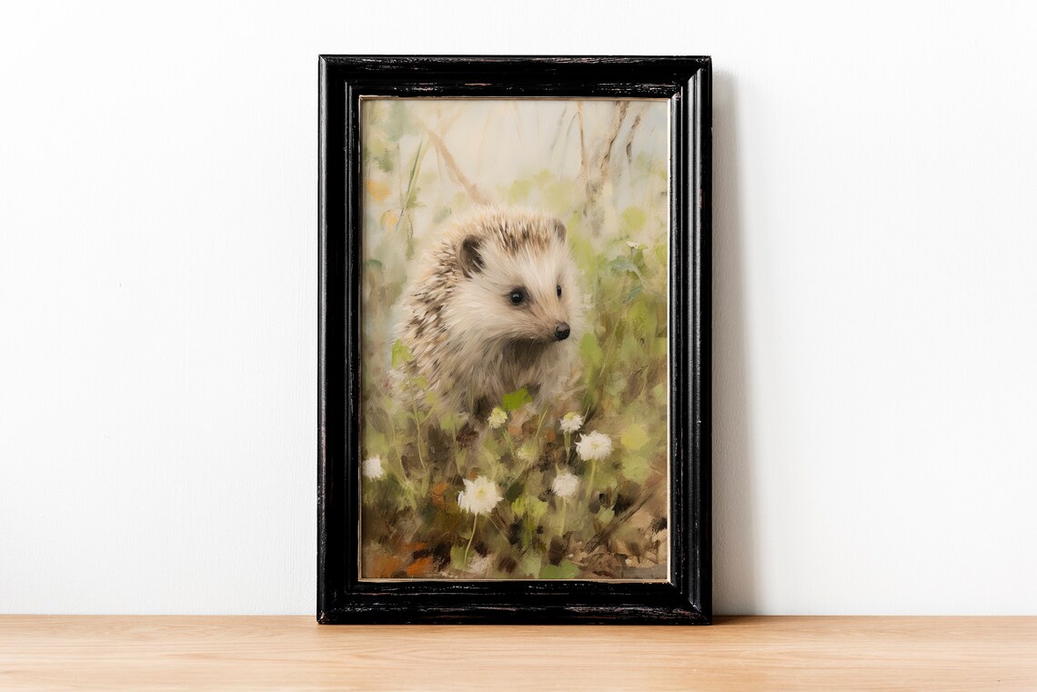 Muted Sweet Hedgehog in Flower Garden Vintage Oil Painting Poster - Image 2