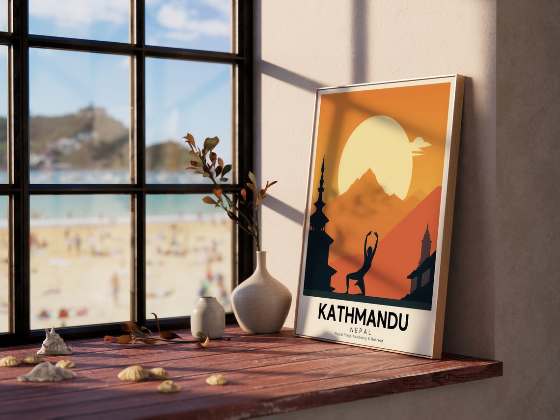 Kathmandu Nepal Retro Yoga Retreat Travel Poster Mountain Art - Image 2