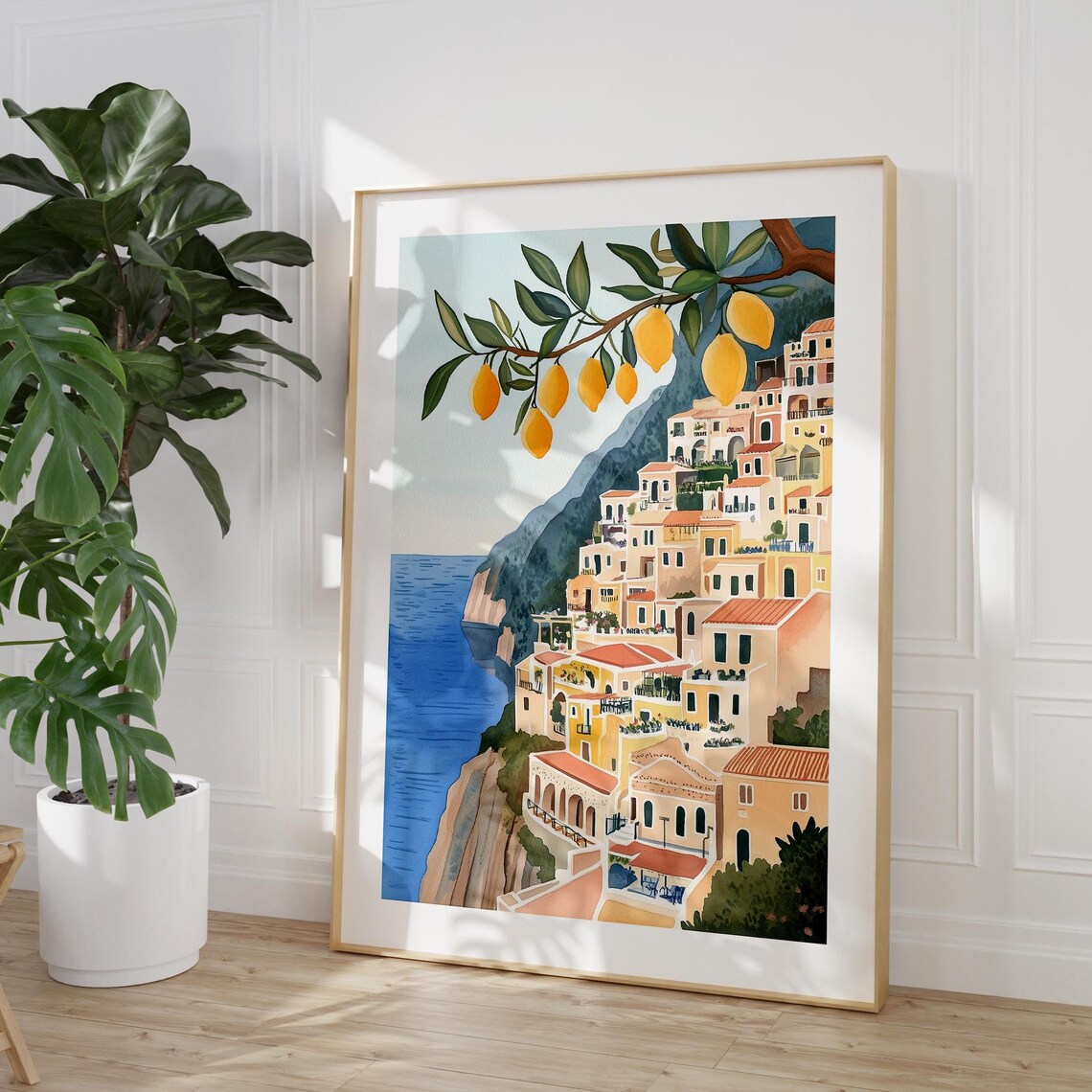 Amalfi Coast Italy Cliffside Village Watercolor Travel Poster