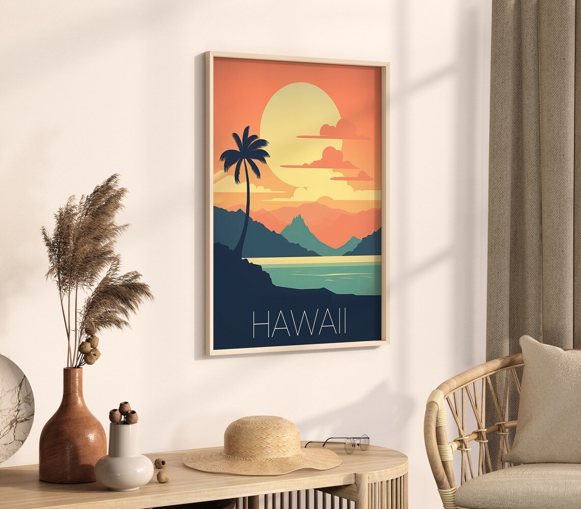 Hawaii Tropical Retro Sunset Palm Ocean Island Travel Poster - Image 4