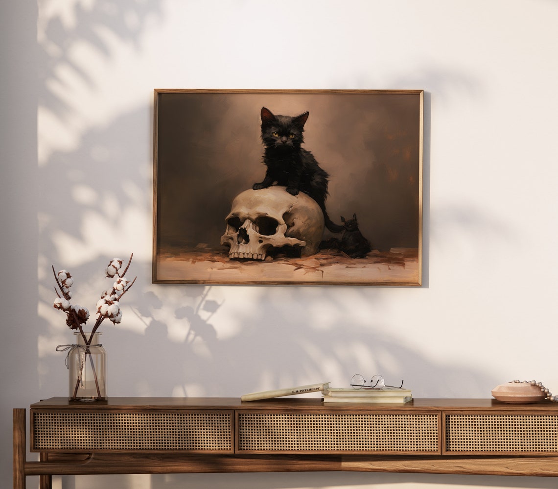 Black Kitten Sitting on Skull Moody Vintage Halloween Poster - Image 4