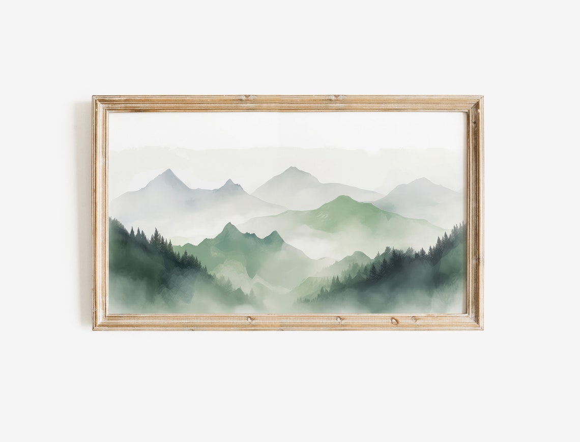 Soft Green Watercolor Mountain Peaks Misty Forest Landscape Poster