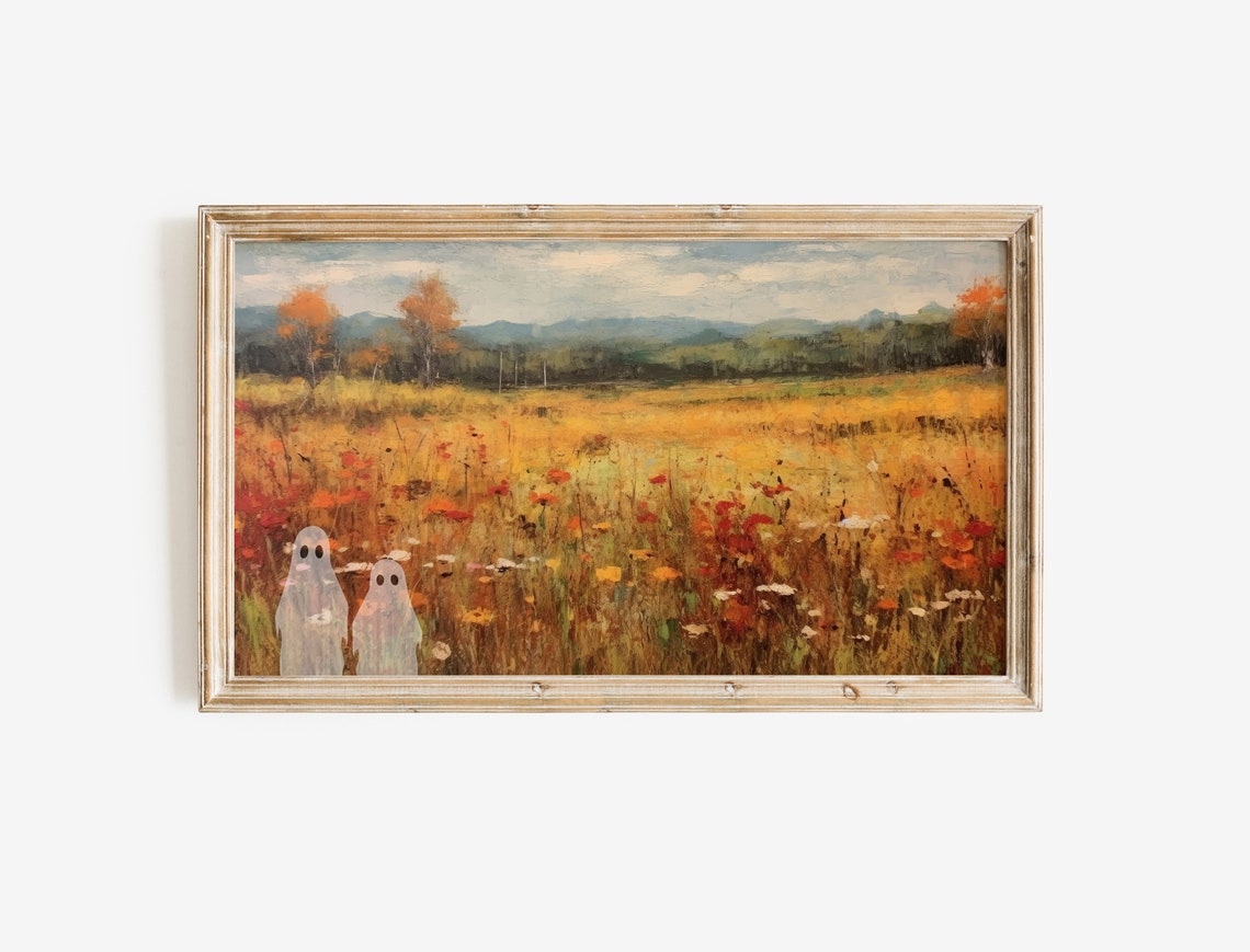 Cute Ghosts Autumn Wildflower Field Halloween Decor Spooky Wall Art - Image 3