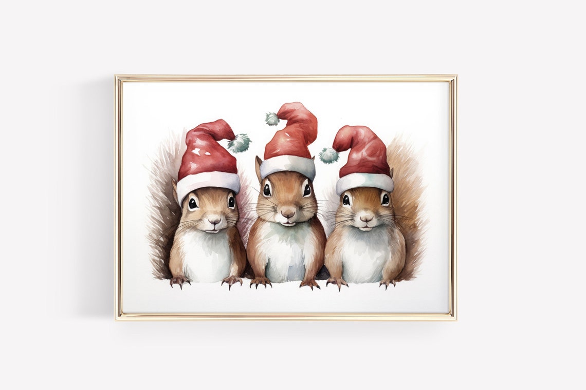 Three Christmas Squirrels Santa Hat Watercolor Holiday Poster - Image 4