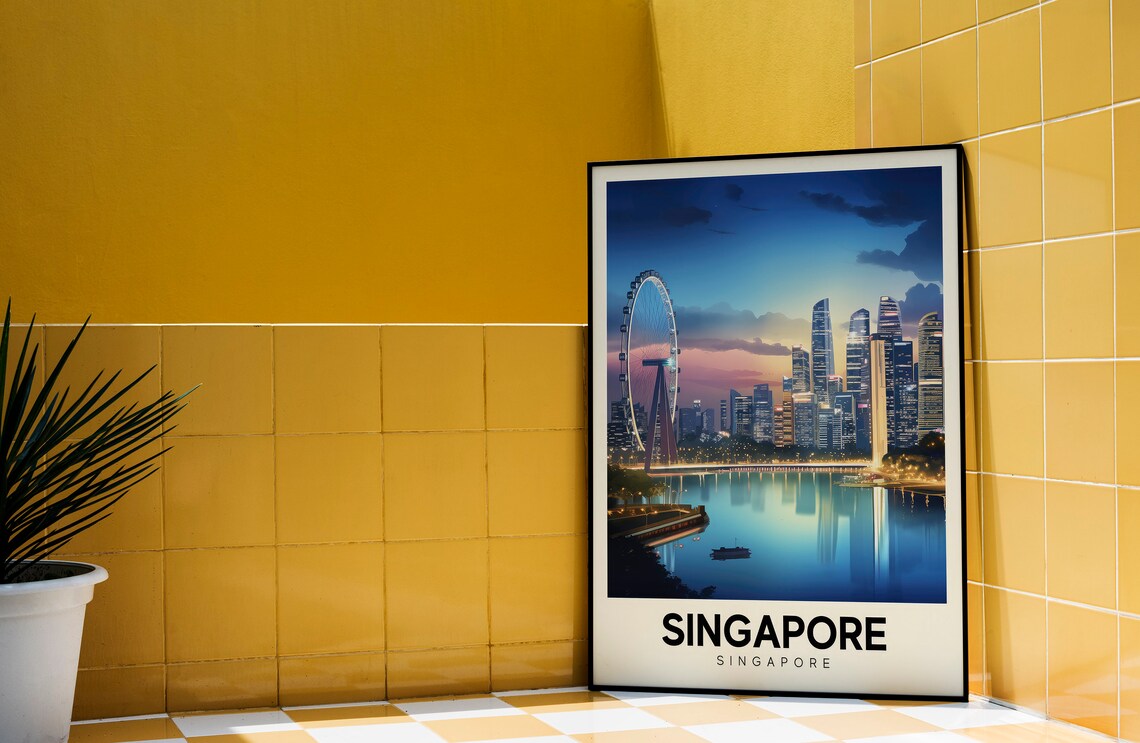 Singapore City Night Skyline Ferris Wheel Colorful Travel Poster - Image 3