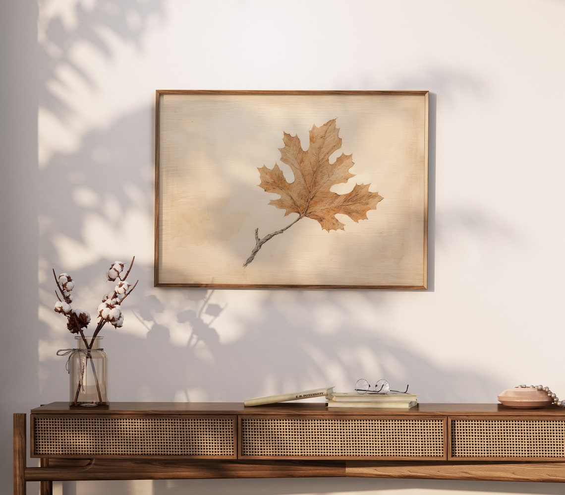 Single Oak Leaf Botanical Study Neutral Beige Vintage Poster - Image 2