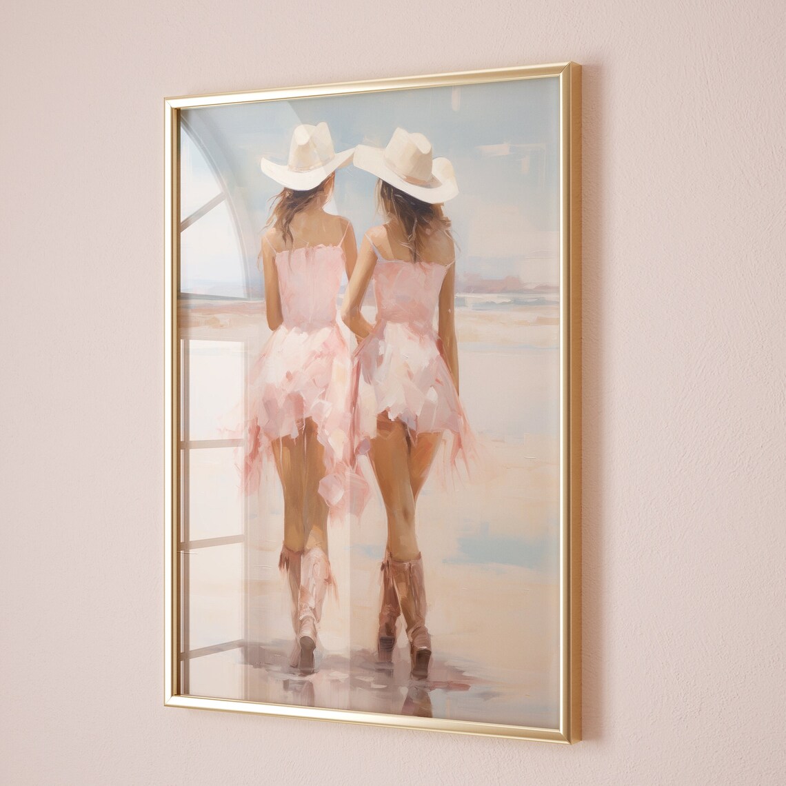 Beach Best Friends Pink Dress Cowboy Hat Painting Coastal Wall Art - Image 3
