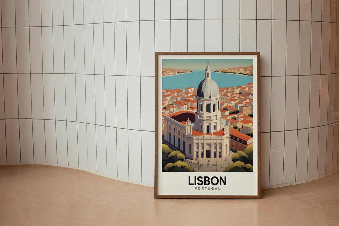 Lisbon Portugal Retro Domed Church Cityscape Colorful Travel Poster - Image 2