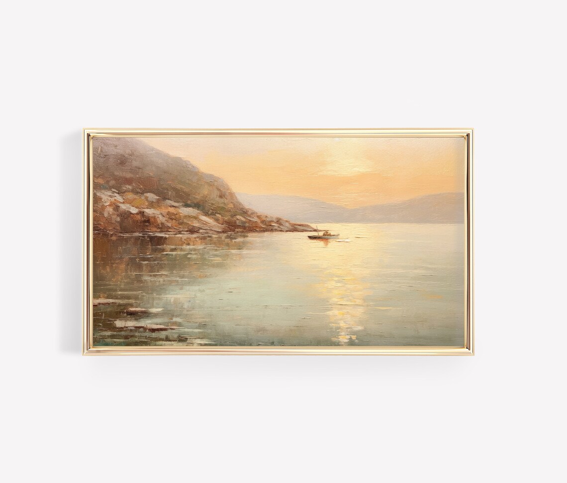 Golden Sunset Seascape Fishing Boat Rocky Cliff Ocean Painting Wall Art - Image 3