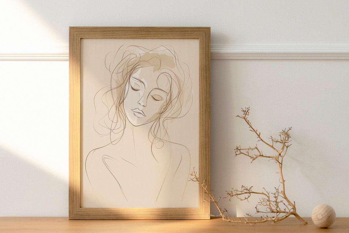 Line Art Woman Face Minimalist Beige Abstract Drawing Poster - Image 2