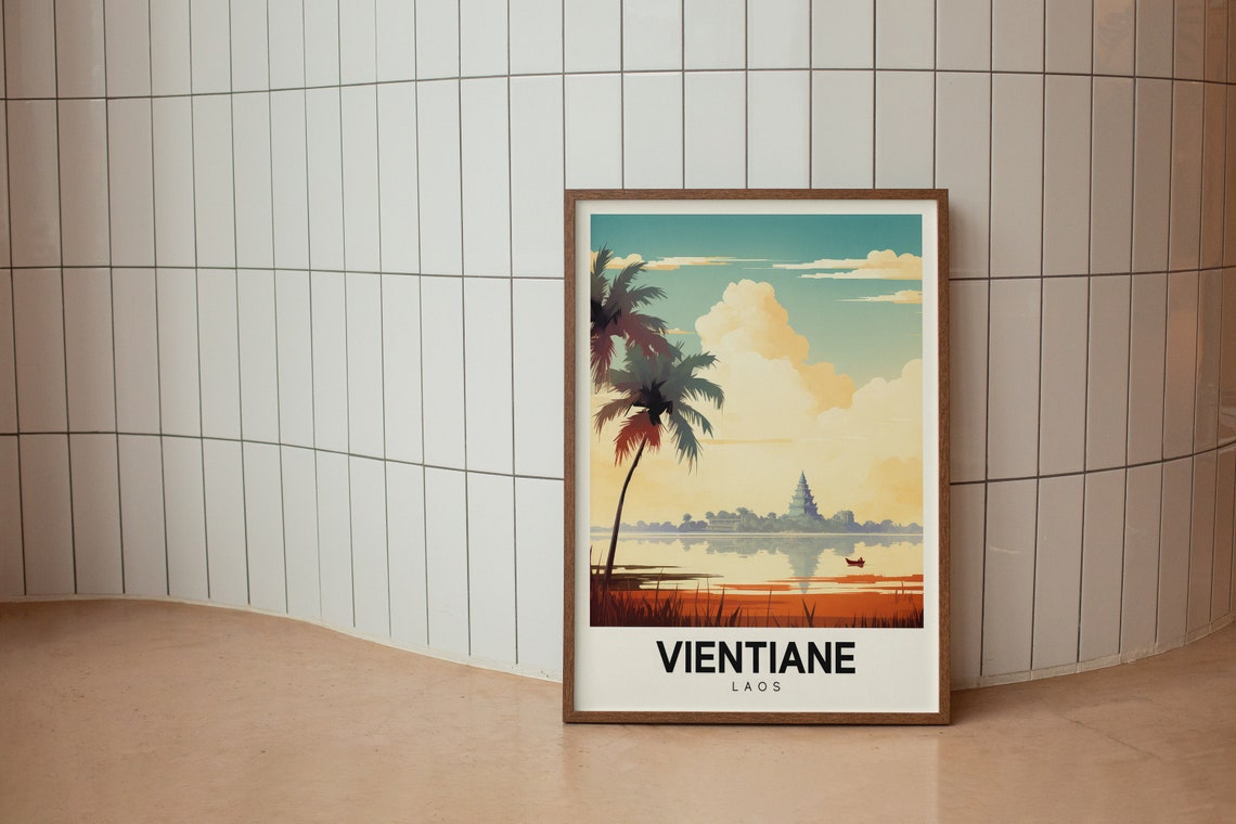 Vientiane Laos Retro River Temple Sunset Colorful Travel Poster - Image 2