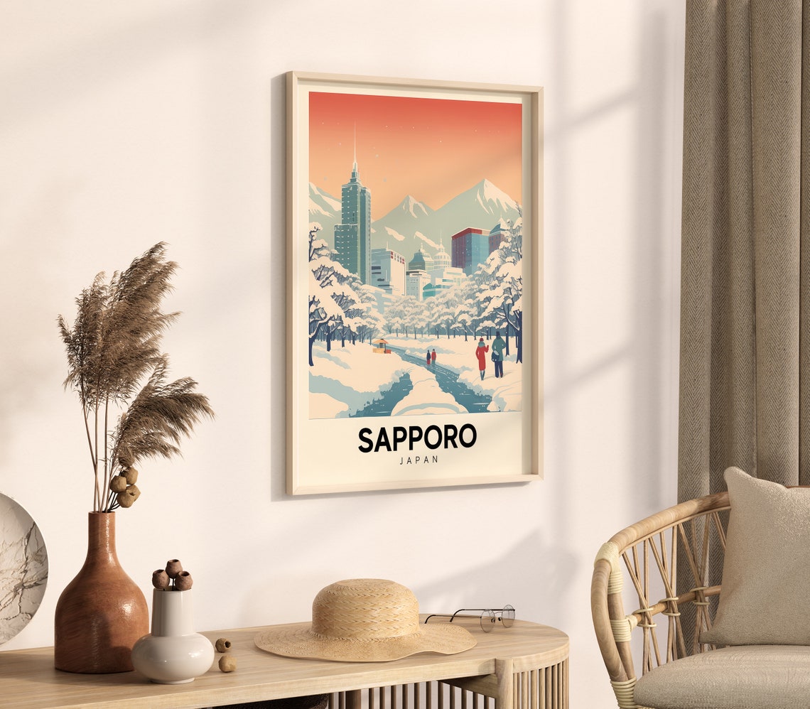 Sapporo Japan Snowy Winter City Mountains Retro Travel Style Poster - Image 4