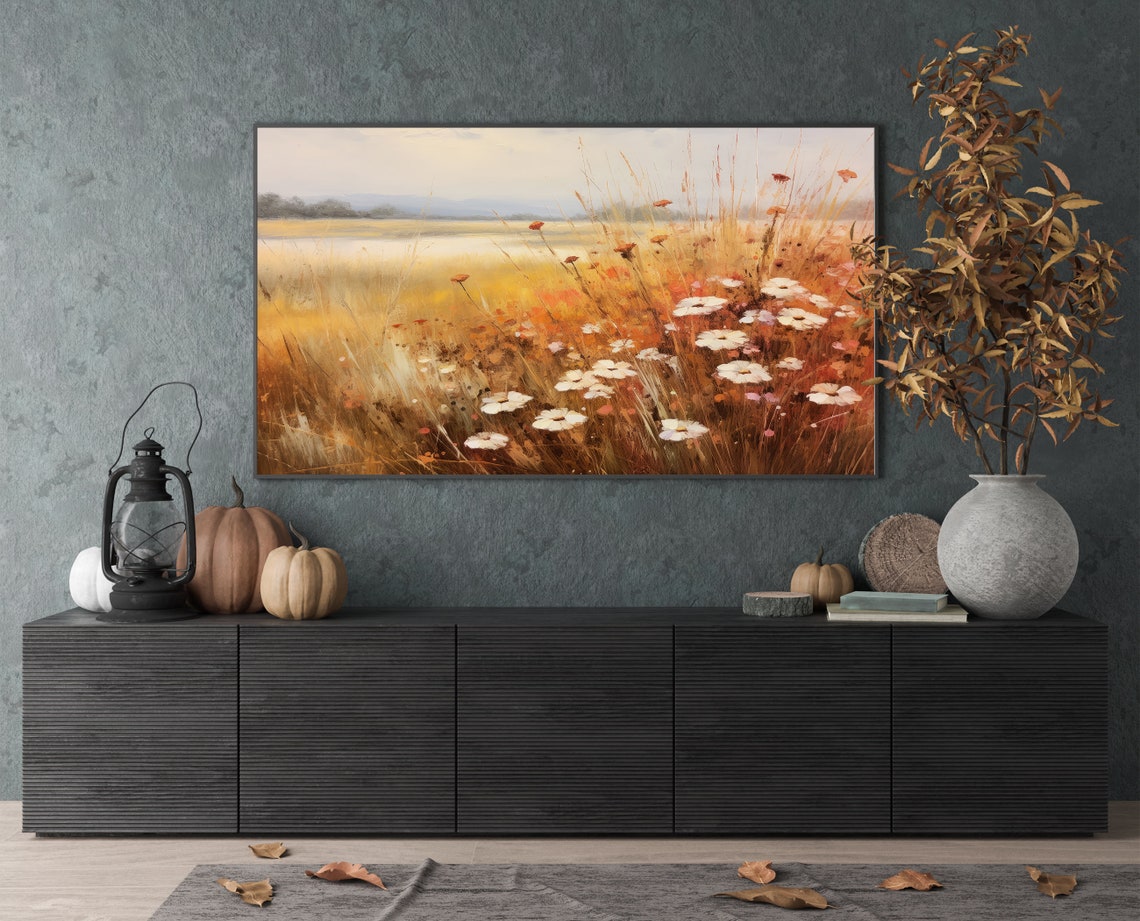 White Wildflowers in Golden Fall Field Vintage Landscape Poster - Image 3