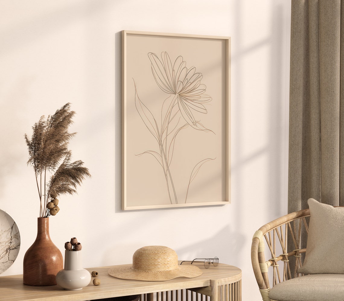 Daisy Line Drawing Minimalist Beige Botanical Flower Sketch Poster - Image 3
