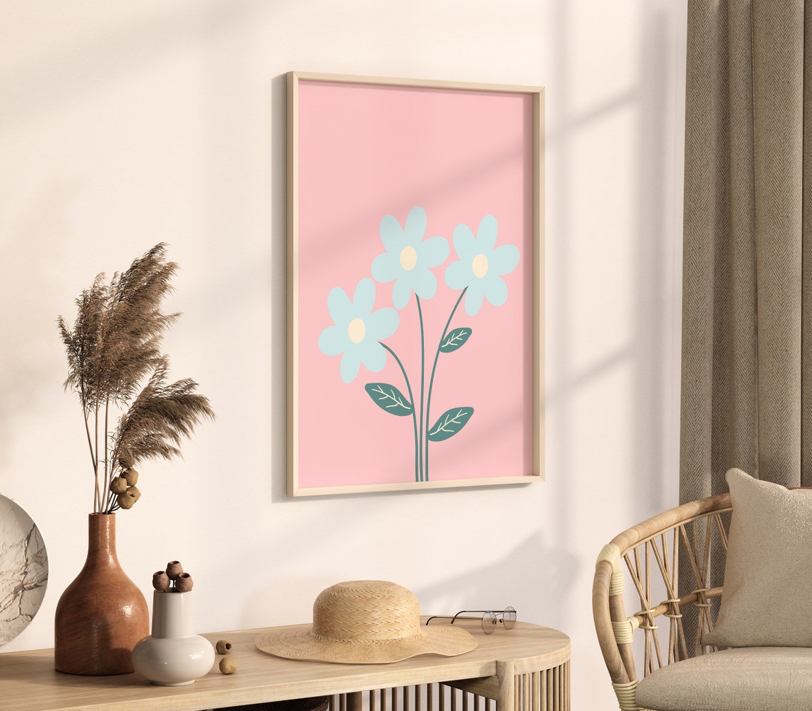 Pink Blue Daisy Trio Floral Botanical Minimalist Pastel Art Poster - Image 3