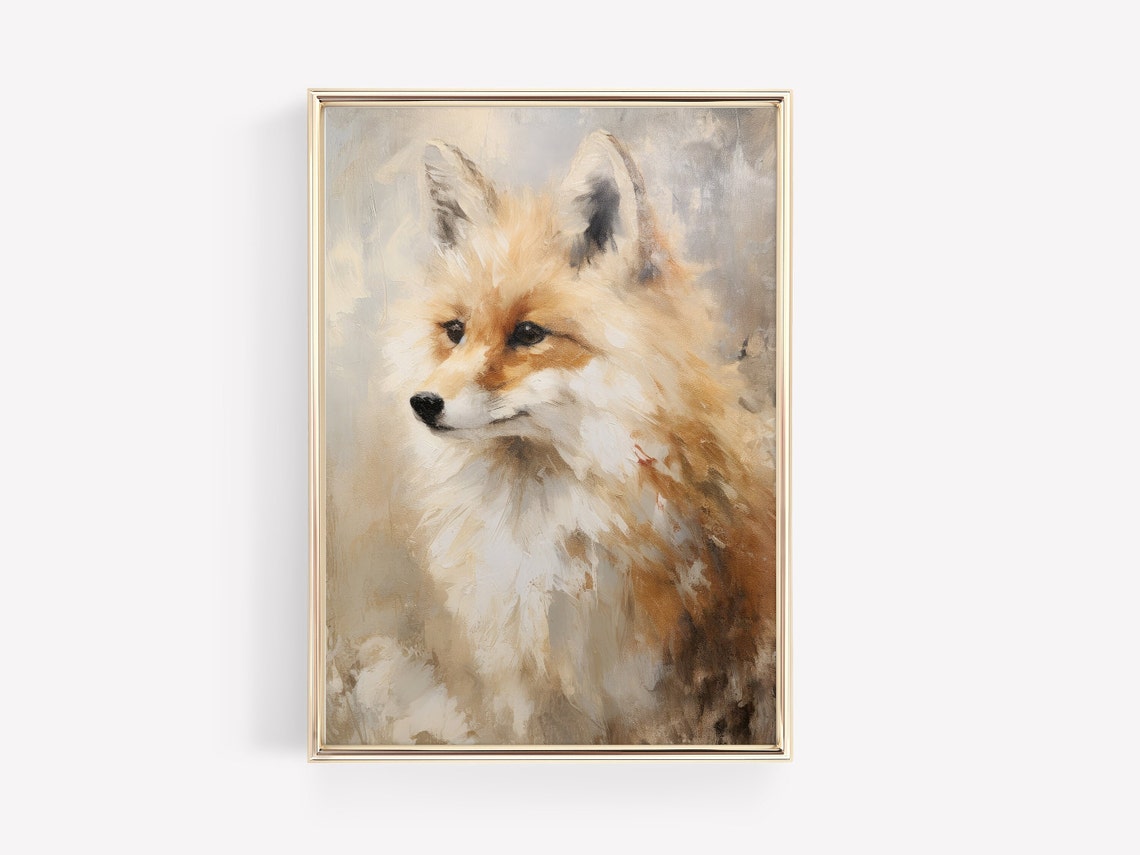Red Fox Portrait in Soft Beige Tones Vintage Oil Painting Poster - Image 3