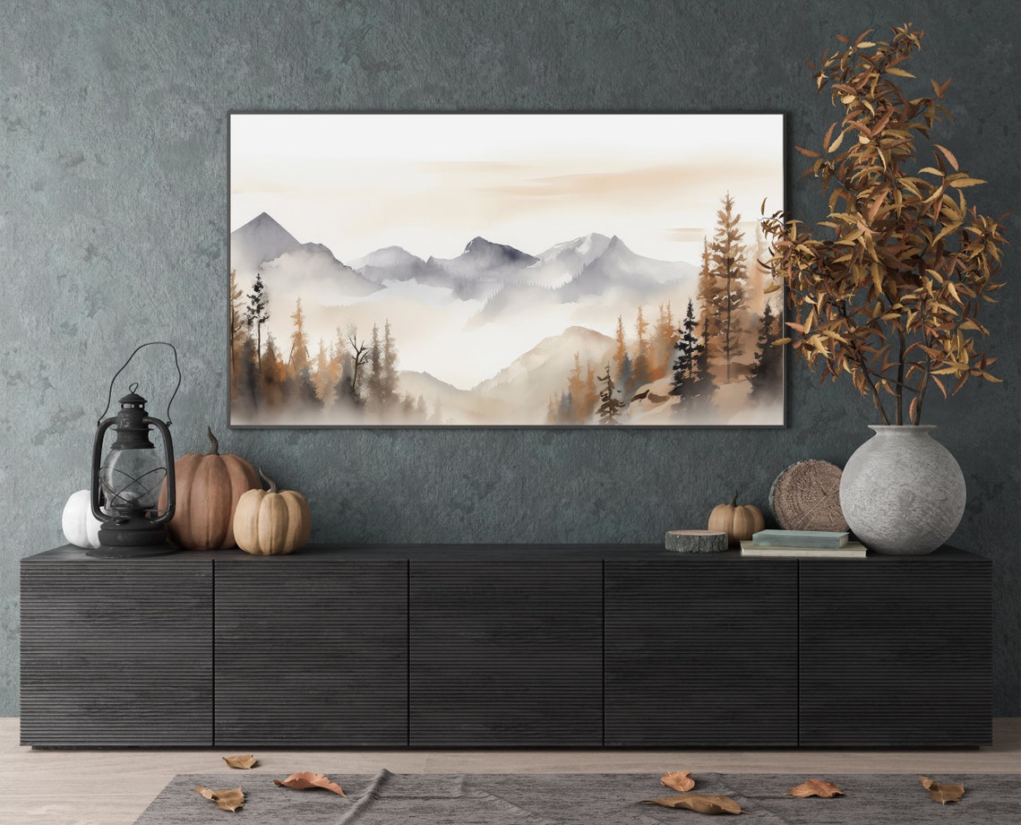Misty Watercolor Mountain Pines Soft Earth Tone Landscape Poster - Image 3