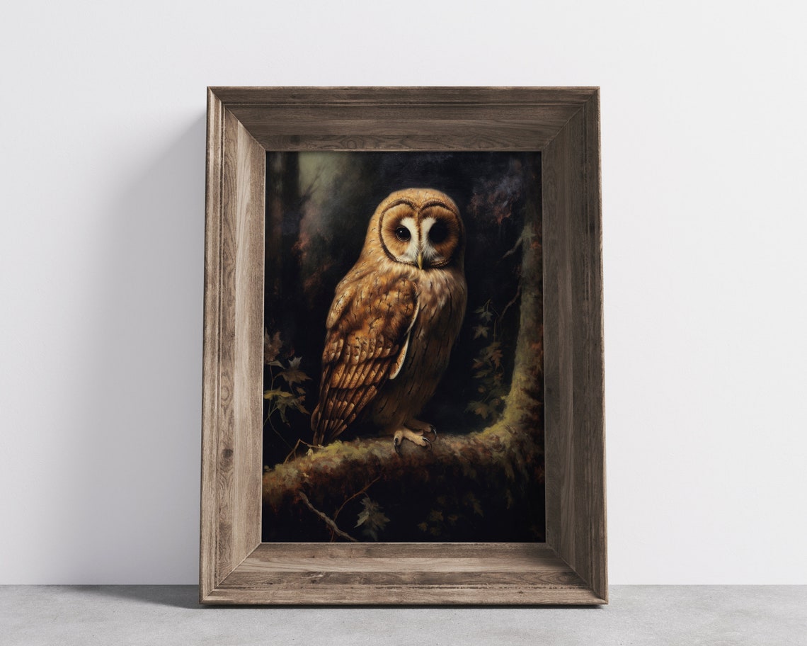 Tawny Owl on Mossy Branch Dark Vintage Wildlife Painting Poster - Image 3