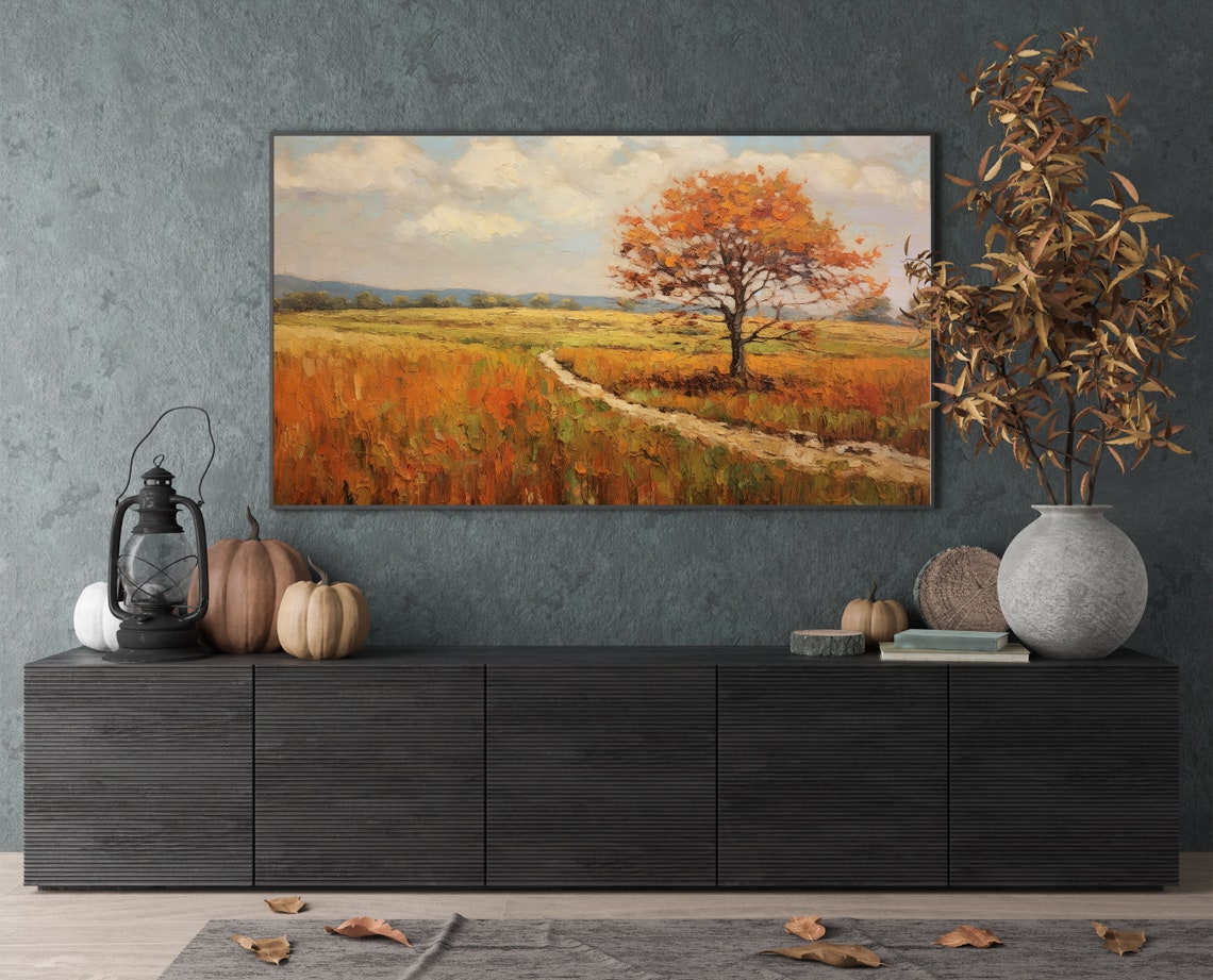 Lone Autumn Tree Winding Path Golden Field Painting Wall Art - Image 4