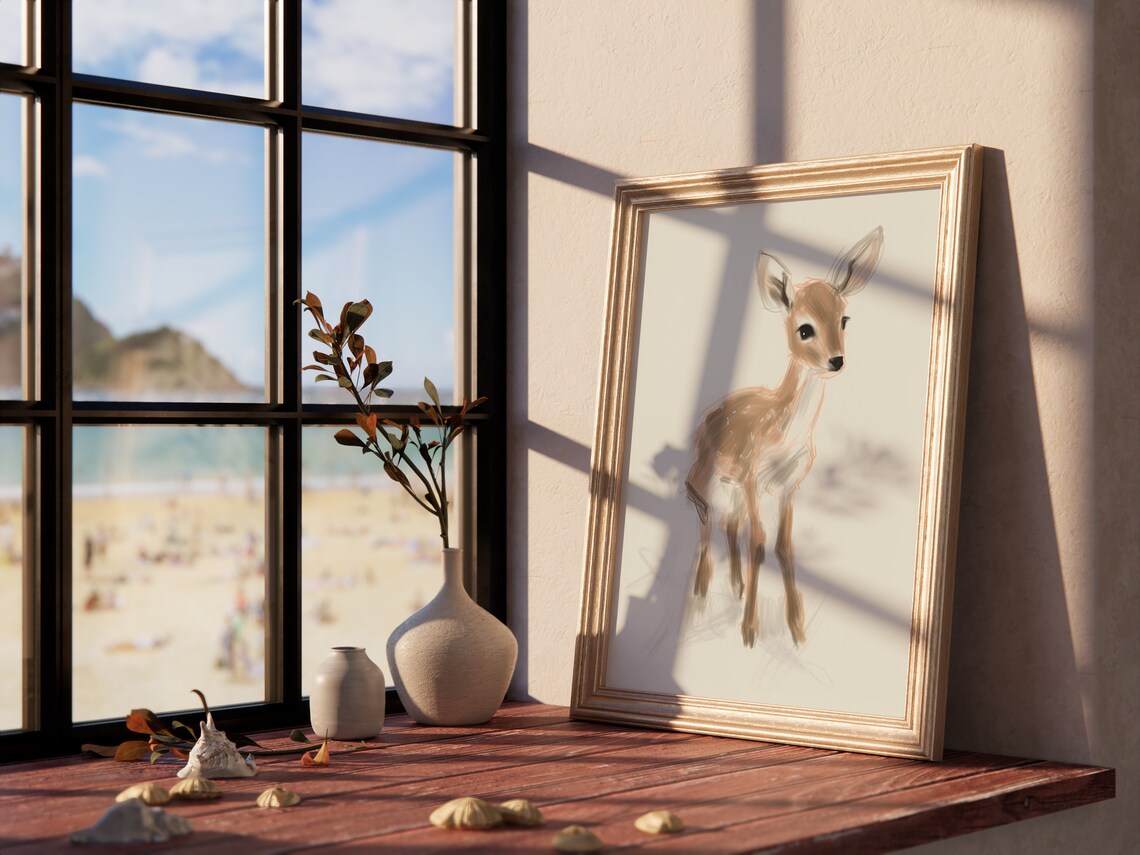 Watercolor Fawn Baby Deer Sketch Minimalist Nursery Animal Art Poster - Image 2