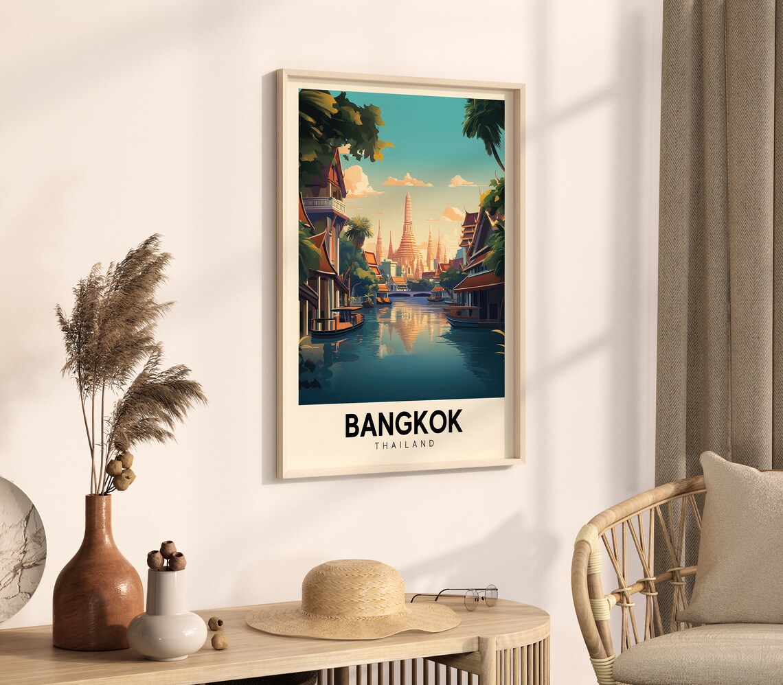 Bangkok Thailand Grand Colorful Retro Canal Temple Travel Poster - Image 4