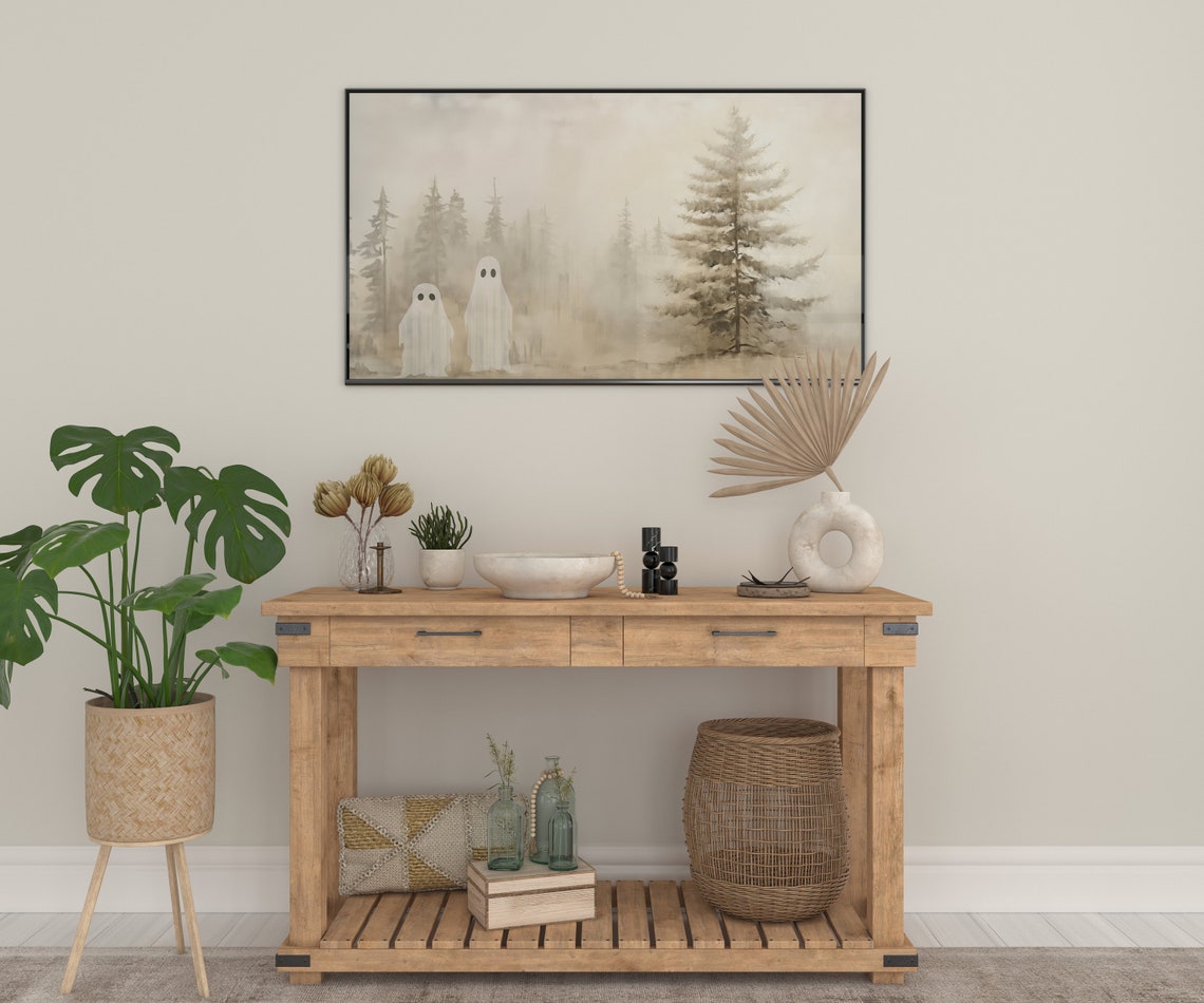 Cute Ghosts Misty Pine Forest Foggy Fall Halloween Painting Wall Art - Image 2