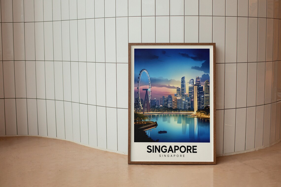 Singapore City Night Skyline Ferris Wheel Colorful Travel Poster - Image 2
