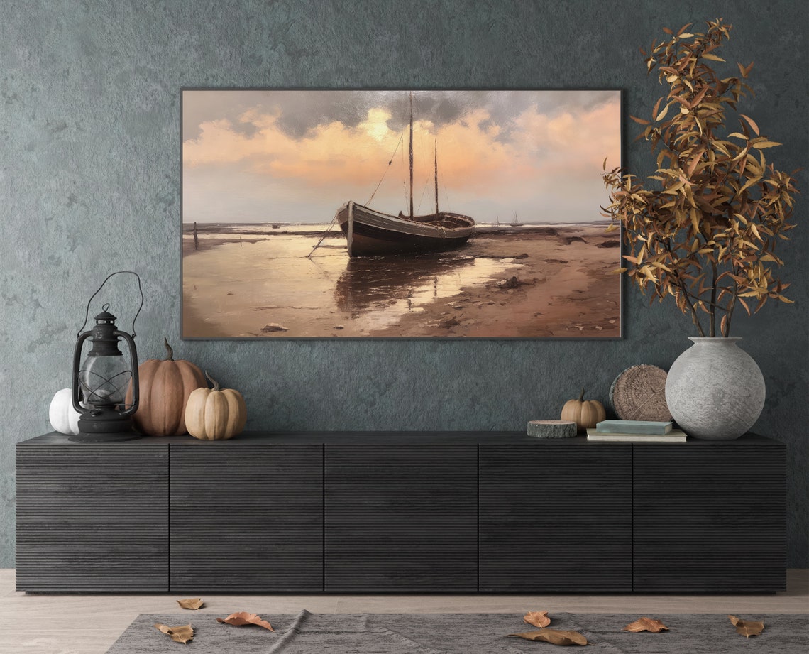 Beached Sailboat Sunset Golden Shore Vintage Coastal Painting Wall Art - Image 4