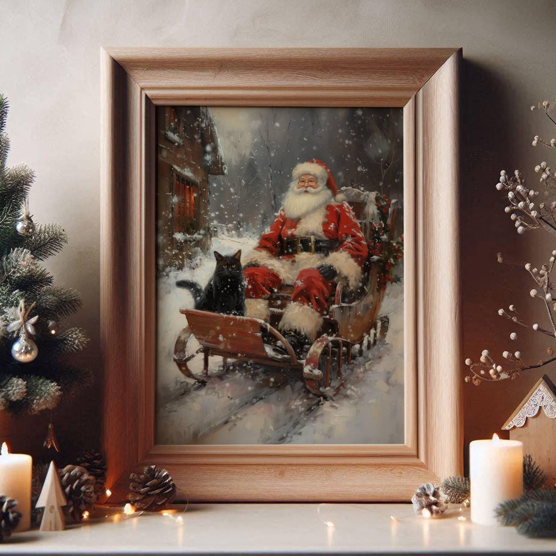 Santa Claus Sleigh Ride With a Black Cat Vintage Christmas Poster