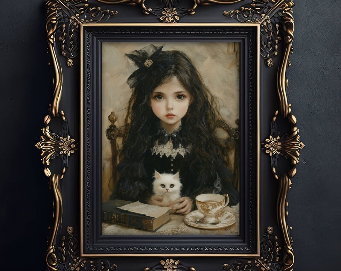 Gothic Portrait of a Girl Holding a White Cat at a Tea Table Poster