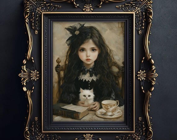 Gothic Portrait of a Girl Holding a White Cat at a Tea Table Poster
