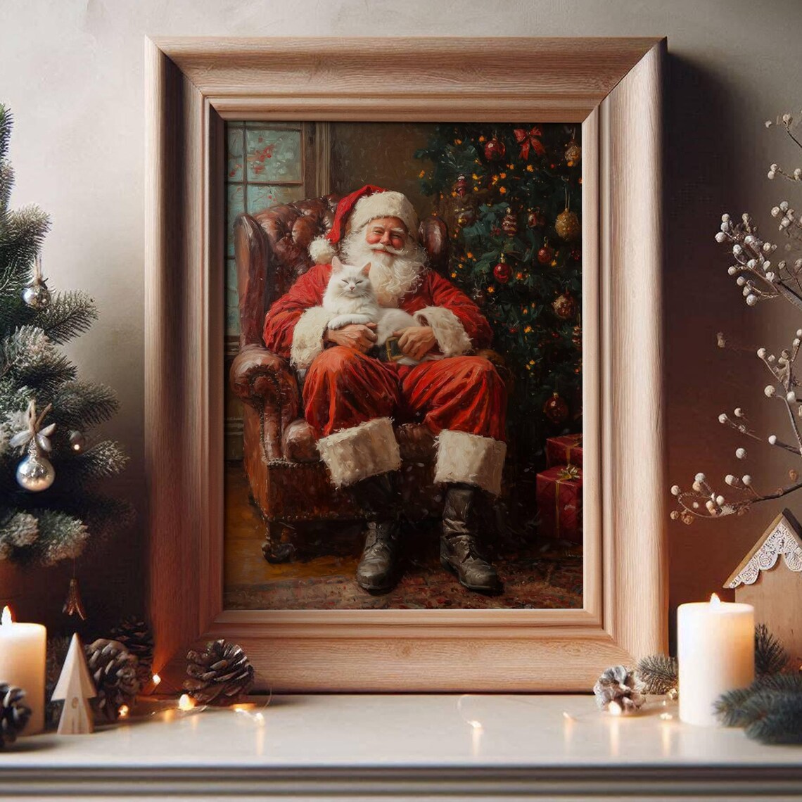 Santa and White Cat Christmas Holiday Art Print