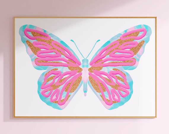 Teal Butterfly Wall Art Light Pink Room Decor Aesthetic Y2k Cute Girly Wall Art Above Bed Preppy Painting Pink Theme Room Decor For Teens