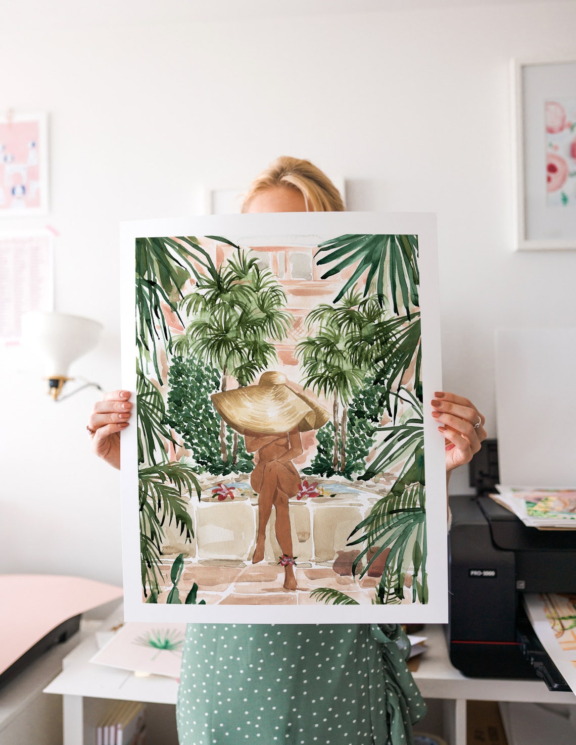 Woman With Sun Hat At Tropical Pool Palms Watercolor Vacation Print - Image 3