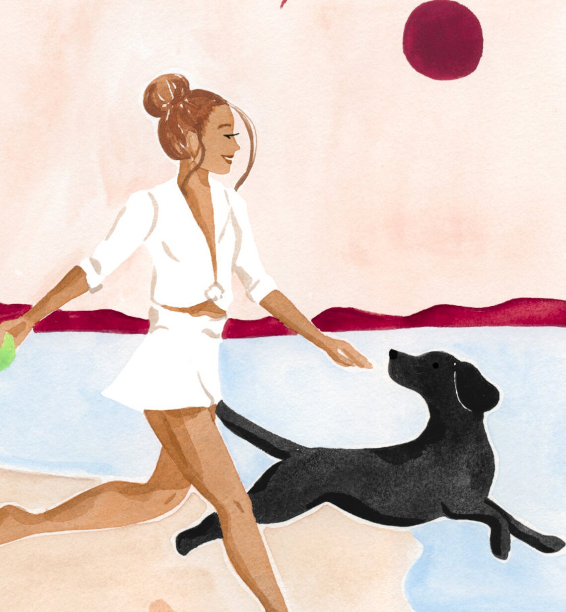 Woman Playing With Dog On Beach At Sunset Watercolor Travel Poster - Image 2