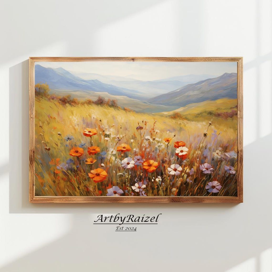 Orange Poppy Wildflower Meadow Mountain Valley Painting Poster