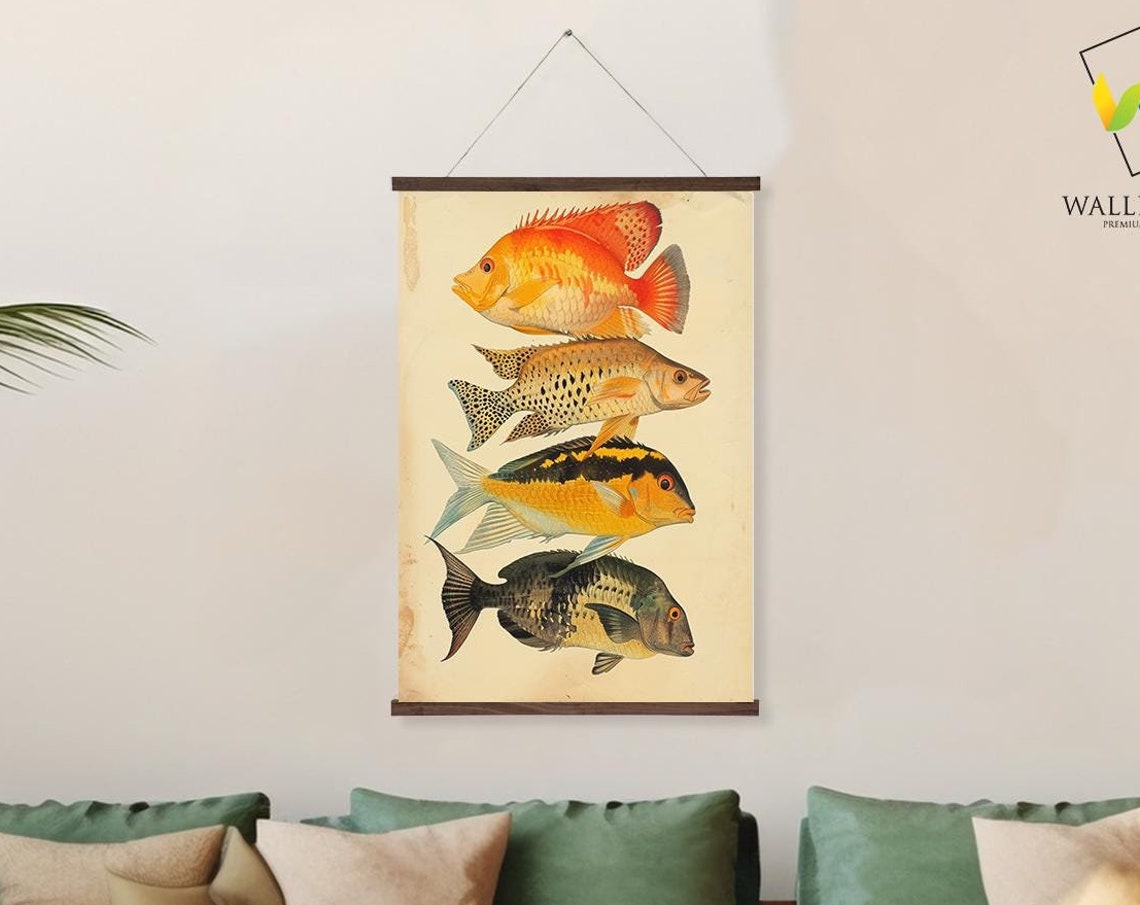 Fish Illustration Wall Hanging Coastal Nautical Art Decor Printed On Premium With Real Walnut Wooden Hangers