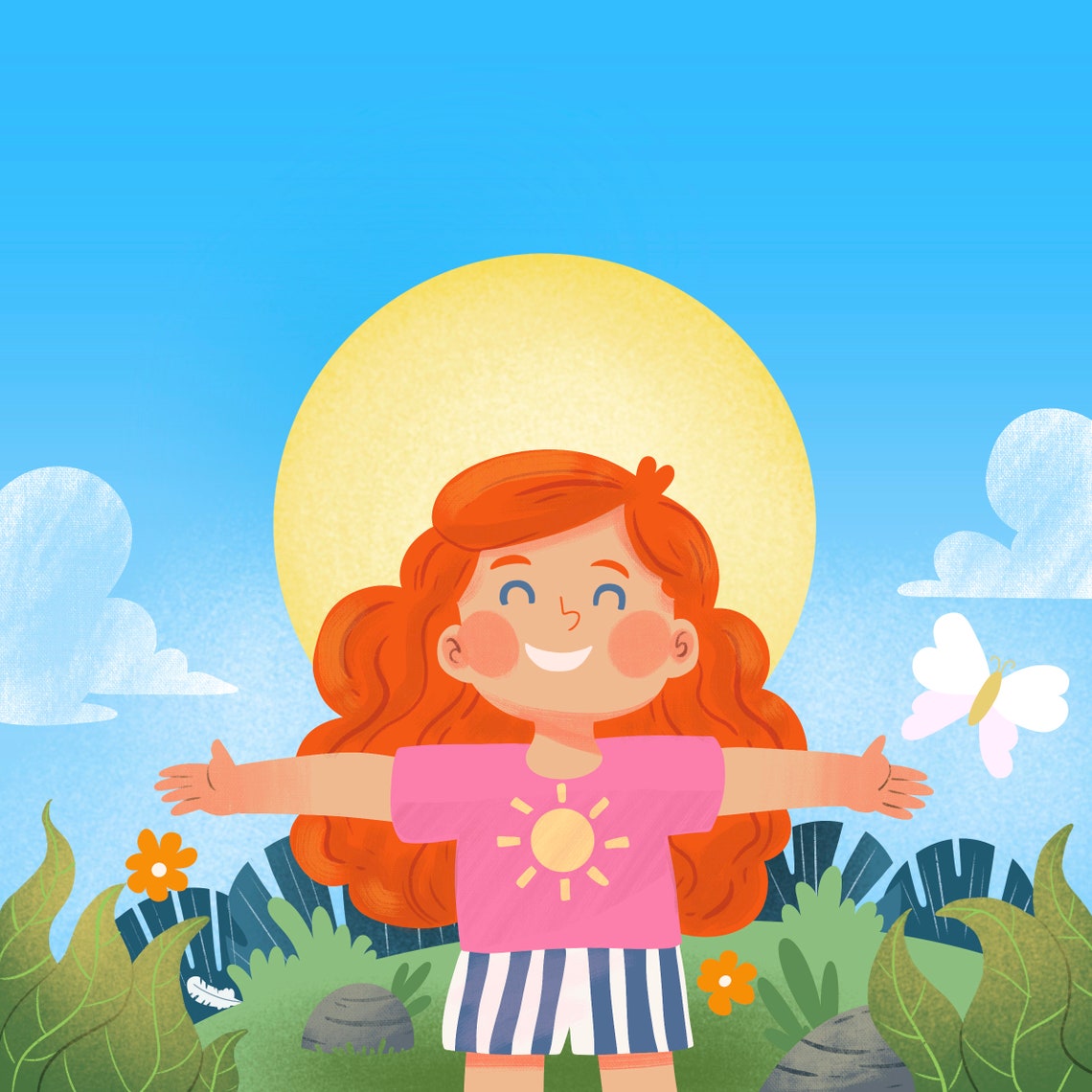 Cheerful Red Haired Girl Waking Up Stretching Kids Art Poster - Image 4
