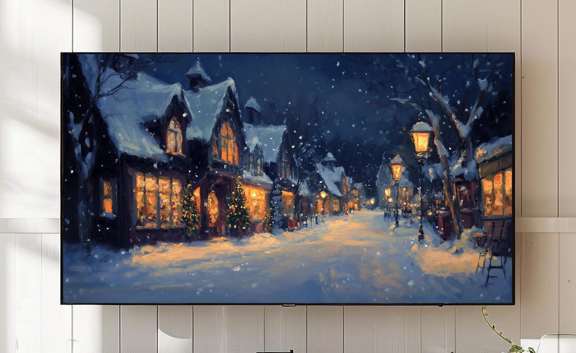 Winter Village Street Scene Rustic Christmas Frame Tv Art 818