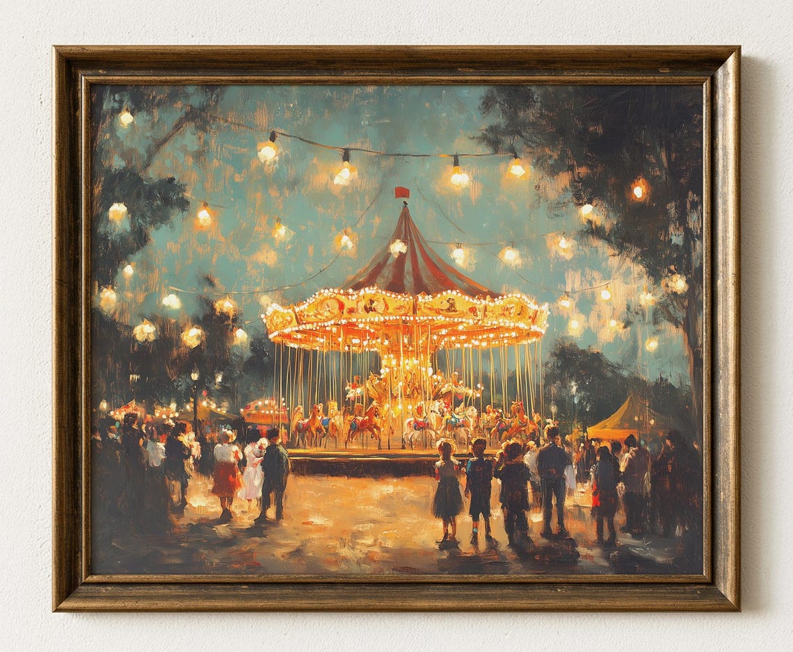 Vintage Carousel Dusk Glowing Lights Crowd Impressionist Night Poster
