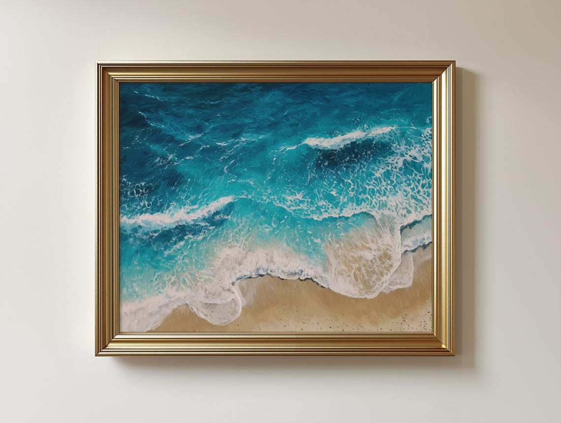 Aerial Beach View Turquoise Waves Sandy Shore Ocean Coast Art Poster