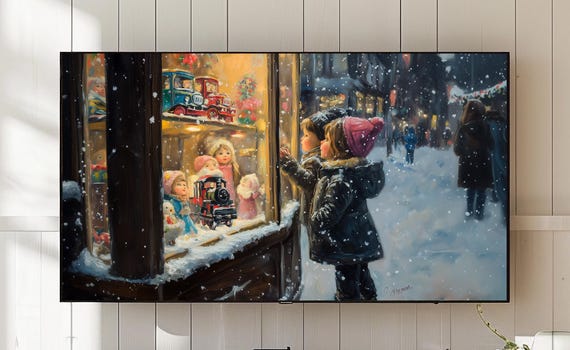 Vintage Holiday Frame TV Art, Christmas Toy Shop Scene
