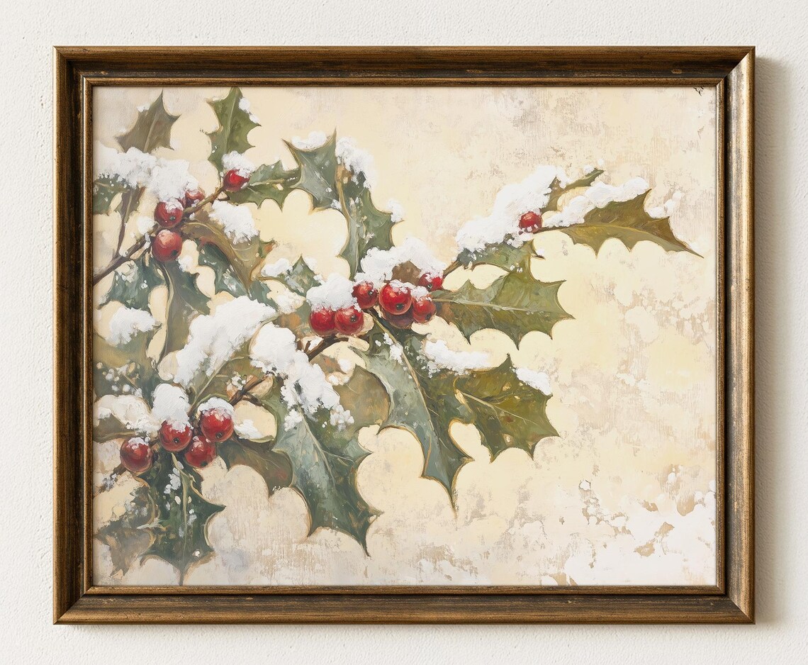 Vintage Holly Branches Print Rustic Winter Botanical Art 867
