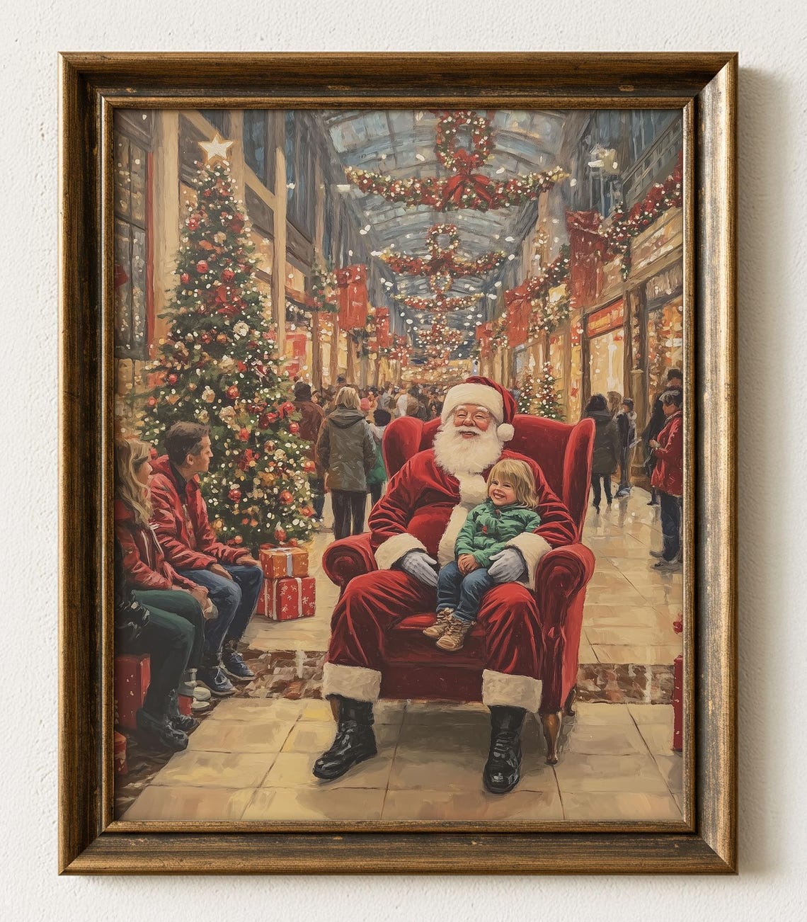 Vintage Mall Santa Oil Painting Poster Nostalgic Christmas Scene
