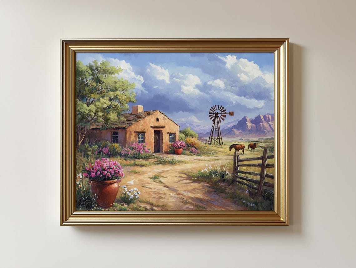 Adobe Ranch House Art Print, Southwest Desert Landscape