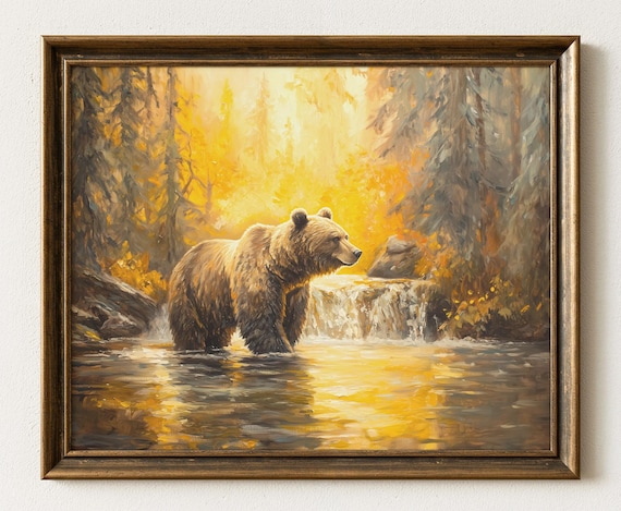 Grizzly Bear River Golden Sunset Waterfall Wilderness Painting Poster